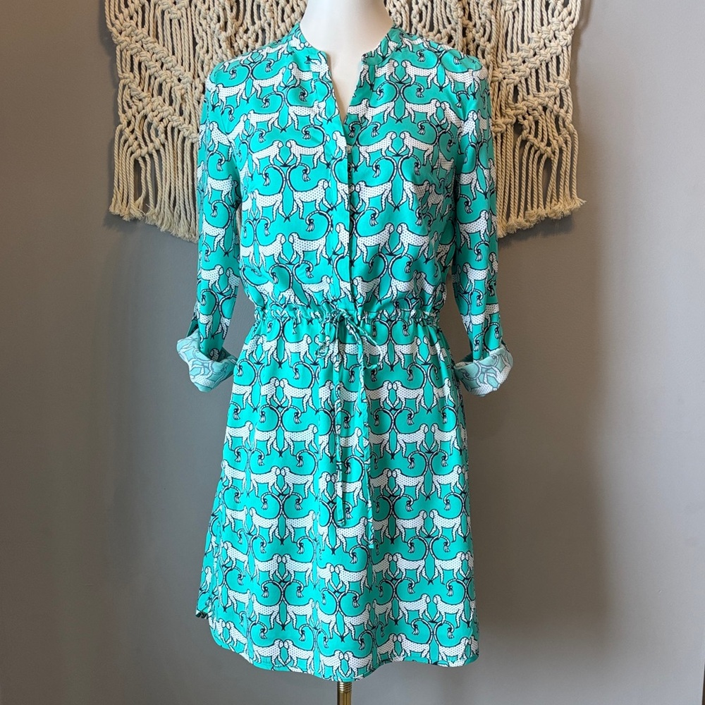 Crown & Ivy Aqua Monkey Patterned Mini Dress